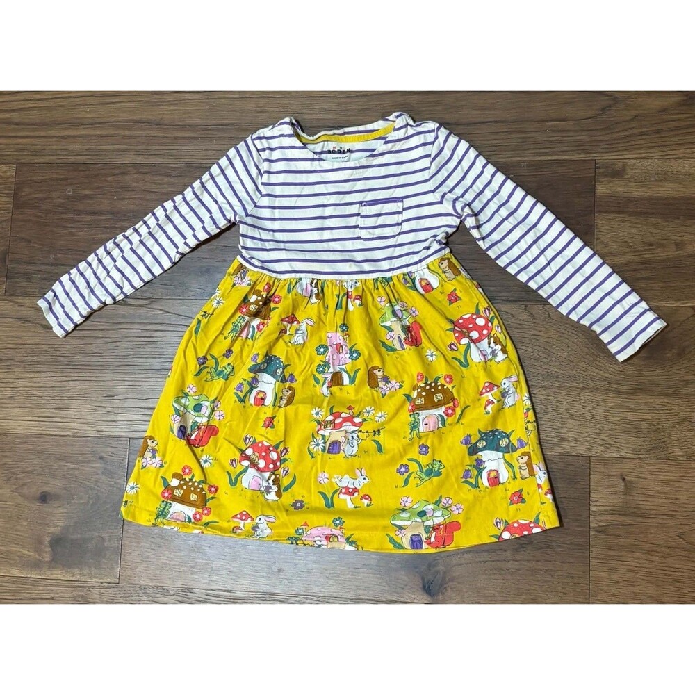 Mini Boden Girls Woodland Mushroom Animal Dress Yellow Purple Stripe Twirly 6-7